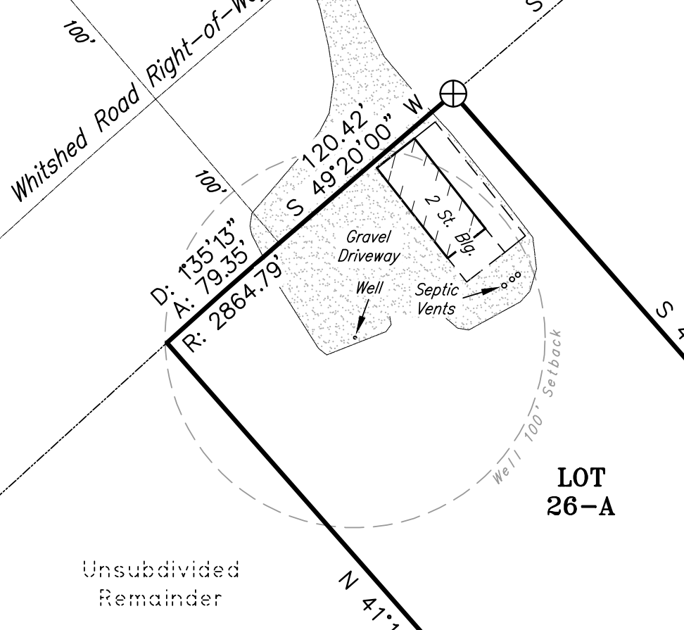 Excerpt from a surveyed plat showing property boundary lines, bearings and distances, a gravel driveway, and building footprint, illustrating professional land surveying and as-built documentation services.